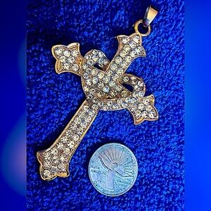 ♥️ crystal Clear cross💙 New vintage 💜 necklace heart sparkly bling gold tone